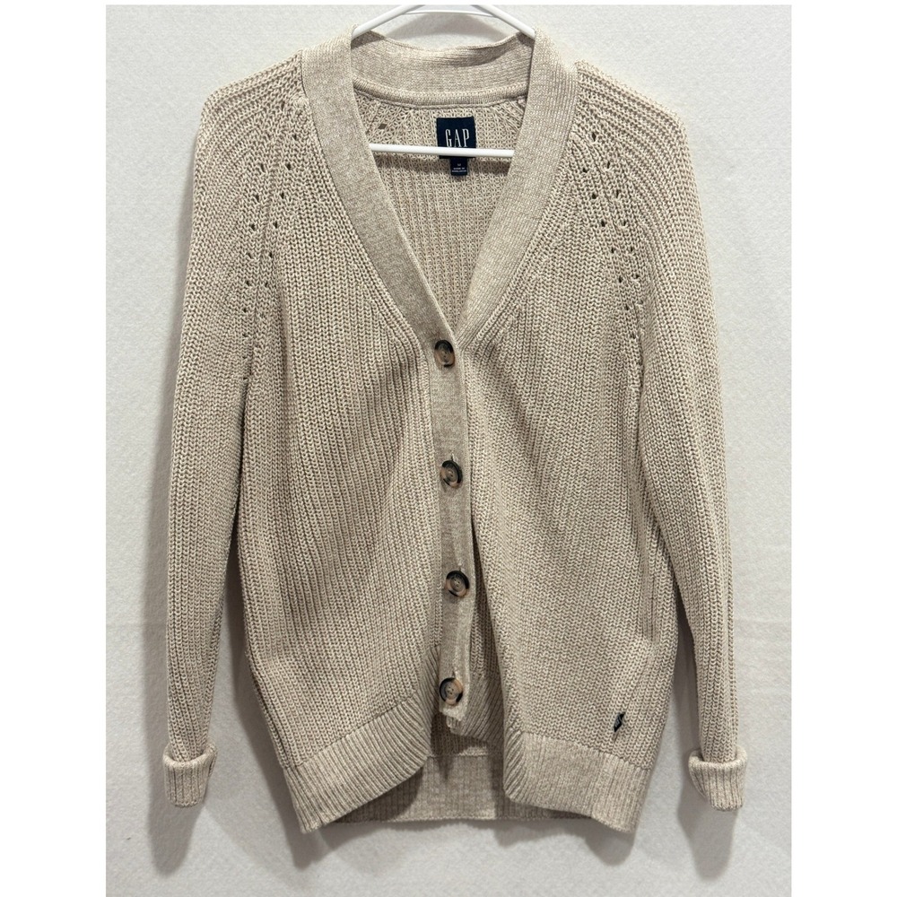 Gap Womens Soft Knit Relaxed Fit Cardigan Beige Eyelet Knit Sweater M